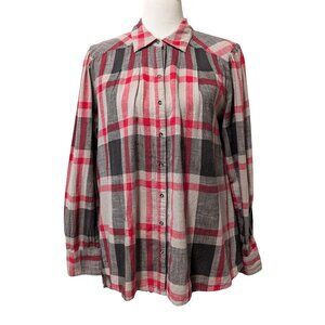 Free People Womens Size M Red Gray Peppy In Plaid Ruffle Hem Oversized Tunic Top